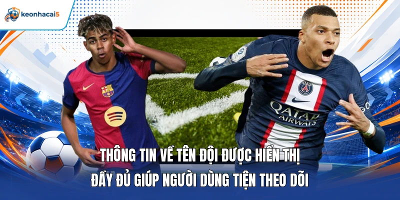 Thông tin về tên đội được hiển thị đầy đủ giúp người dùng tiện theo dõi